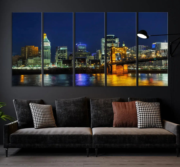 Cincinnati City Downtown Night Skyline Cityscape Canvas Wall Art Print