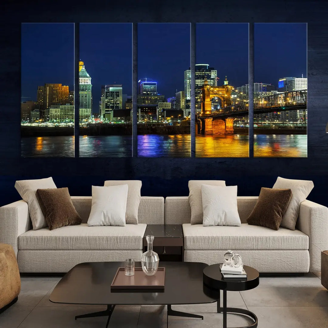 Cincinnati City Downtown Night Skyline Cityscape Canvas Wall Art Print