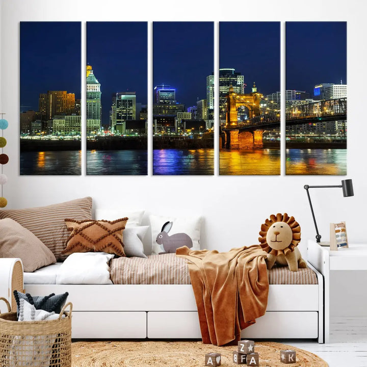 Cincinnati City Downtown Night Skyline Cityscape Canvas Wall Art Print