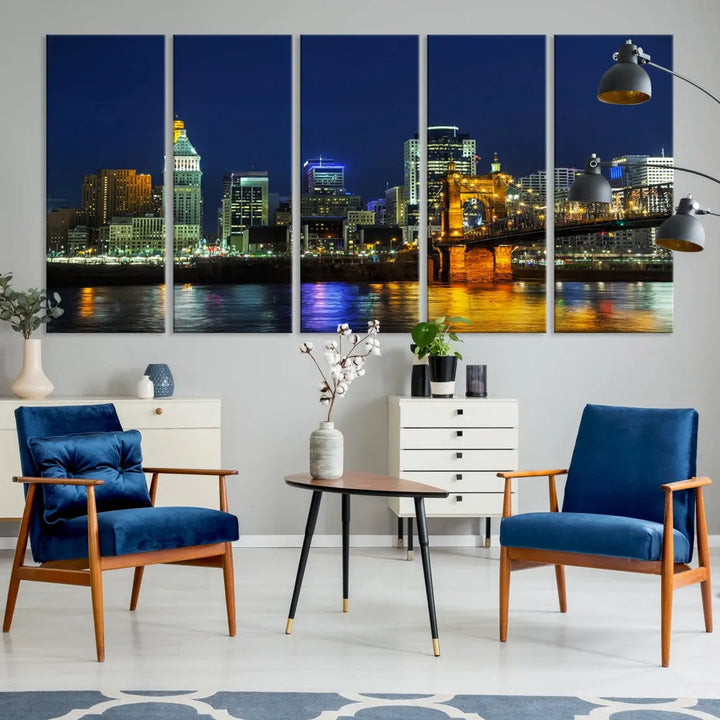 Cincinnati City Downtown Night Skyline Cityscape Canvas Wall Art Print