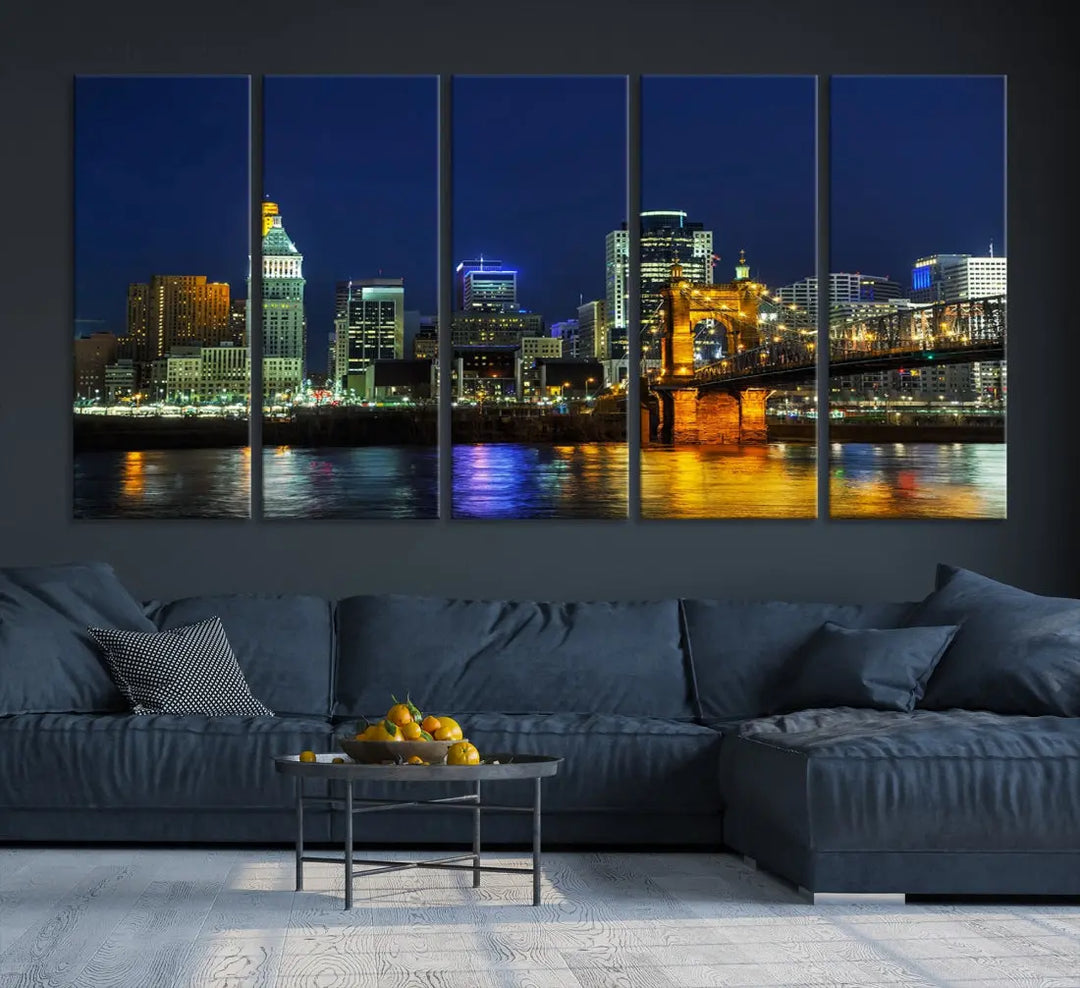 Cincinnati City Downtown Night Skyline Cityscape Canvas Wall Art Print