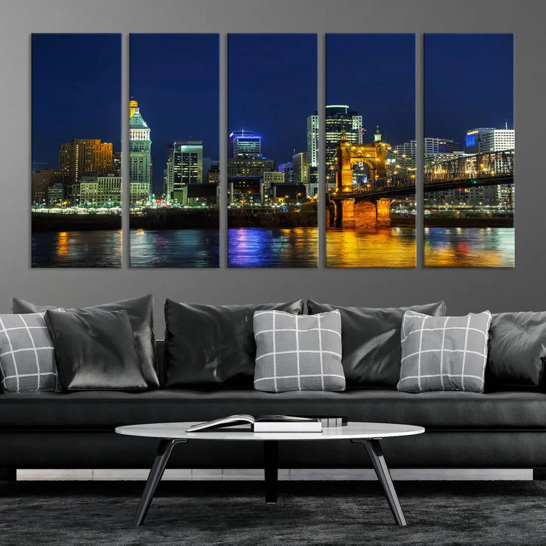 Cincinnati City Downtown Night Skyline Cityscape Canvas Wall Art Print