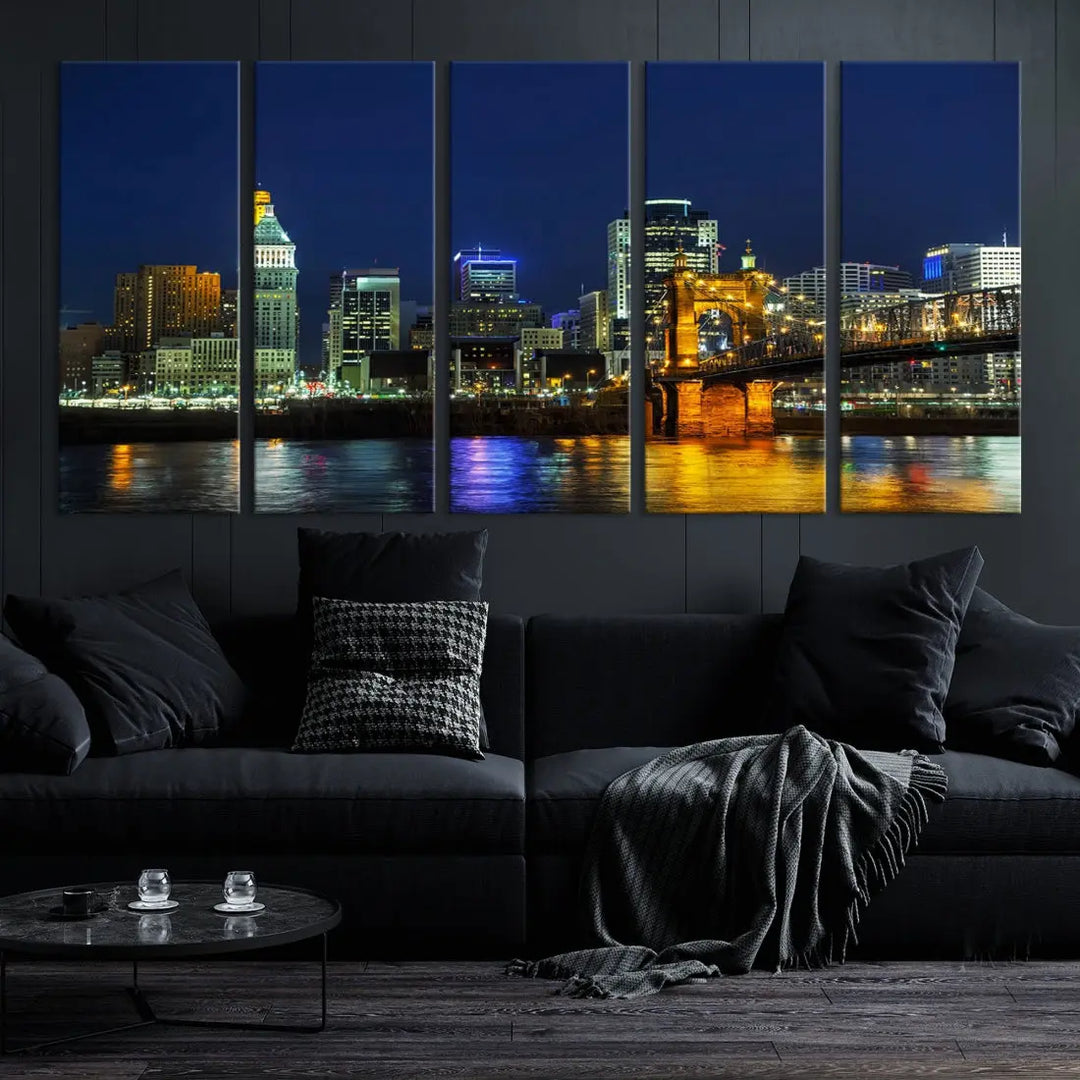 Cincinnati City Downtown Night Skyline Cityscape Canvas Wall Art Print