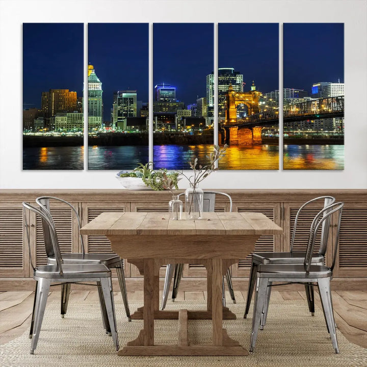 Cincinnati City Downtown Night Skyline Cityscape Canvas Wall Art Print