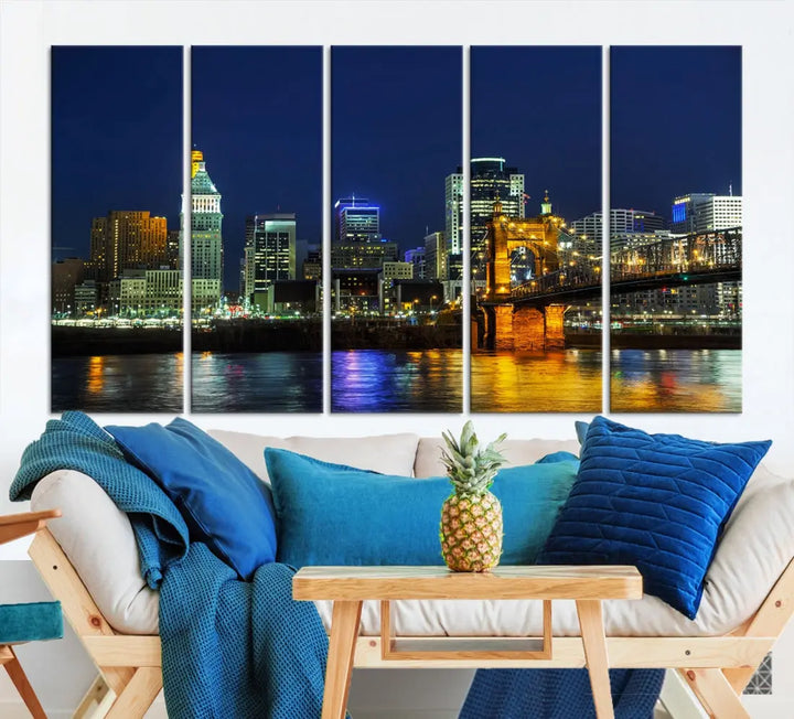 Cincinnati City Downtown Night Skyline Cityscape Canvas Wall Art Print