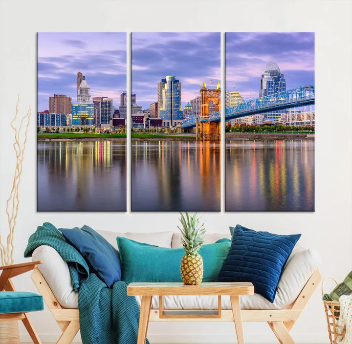 Cincinnati City Lights Sunset Reflections Skyline Cityscape Wall Art Canvas Print