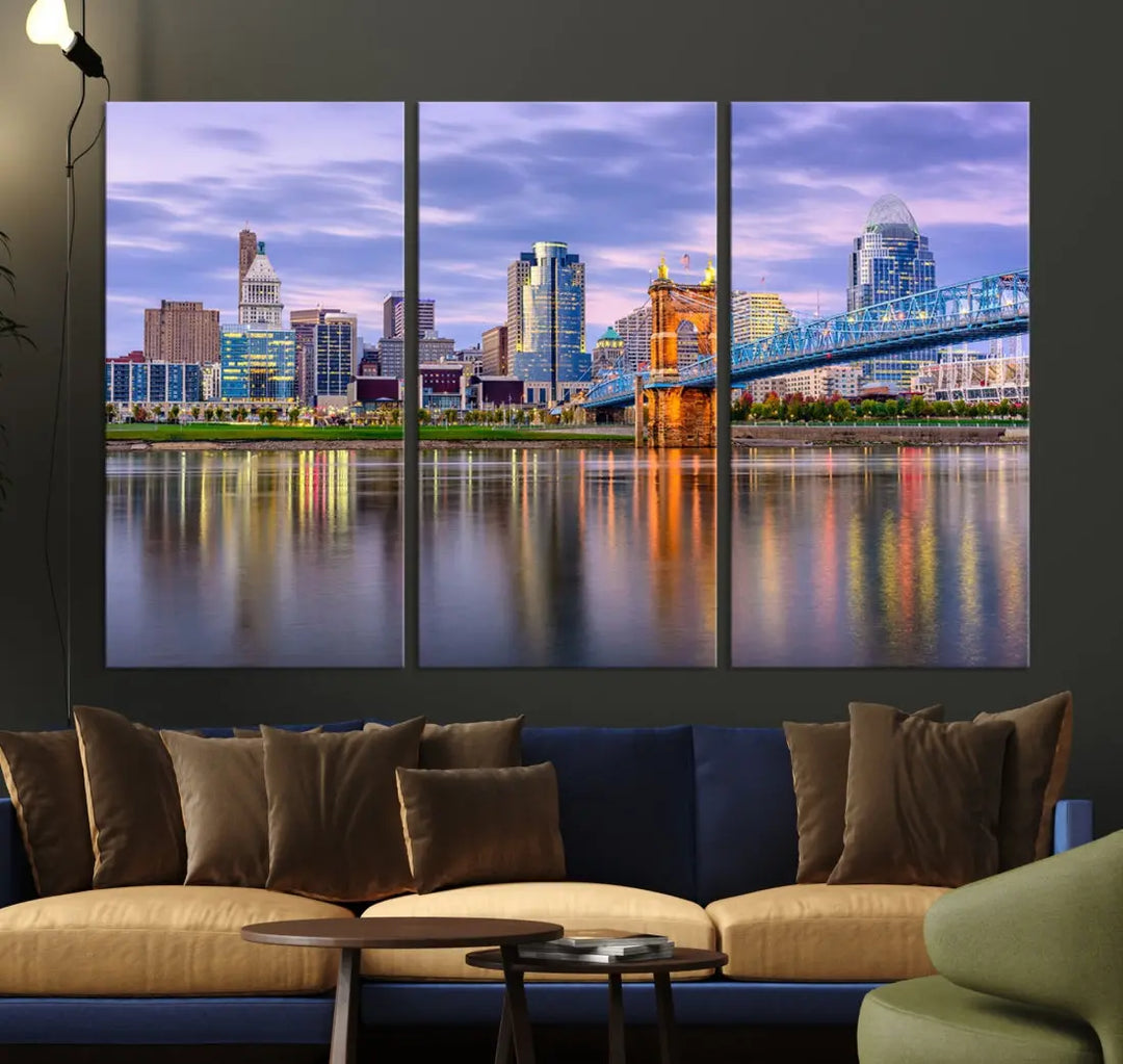 Cincinnati City Lights Sunset Reflections Skyline Cityscape Wall Art Canvas Print