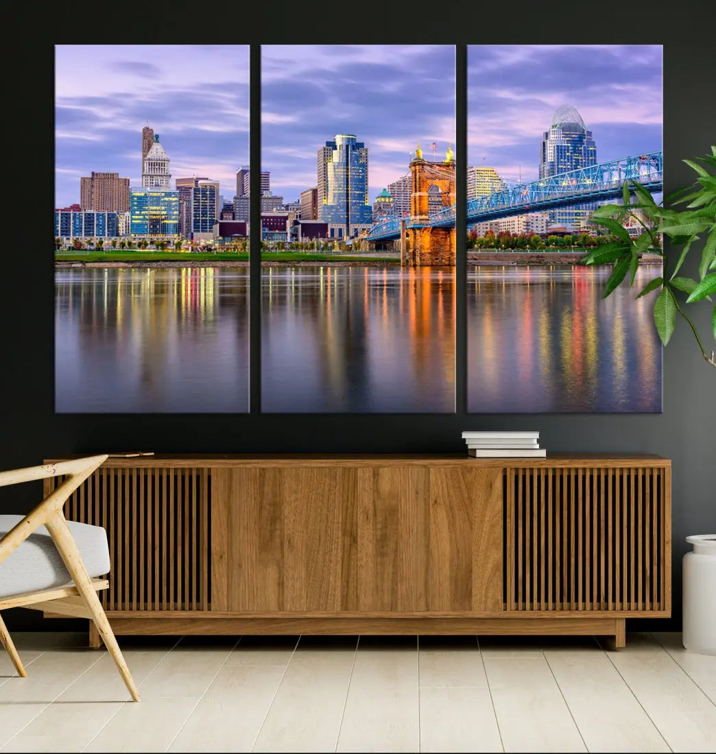 Cincinnati City Lights Sunset Reflections Skyline Cityscape Wall Art Canvas Print