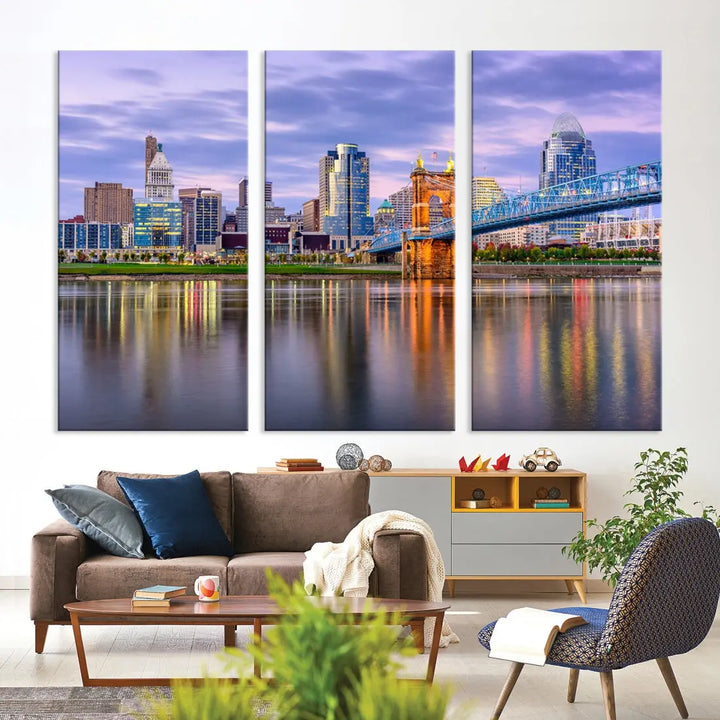 Cincinnati City Lights Sunset Reflections Skyline Cityscape Wall Art Canvas Print