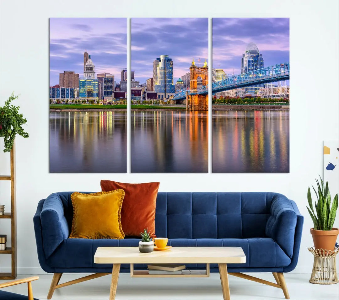 Cincinnati City Lights Sunset Reflections Skyline Cityscape Wall Art Canvas Print