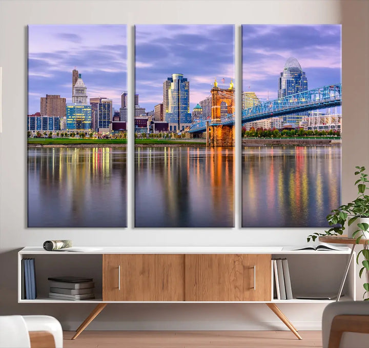 Cincinnati City Lights Sunset Reflections Skyline Cityscape Wall Art Canvas Print