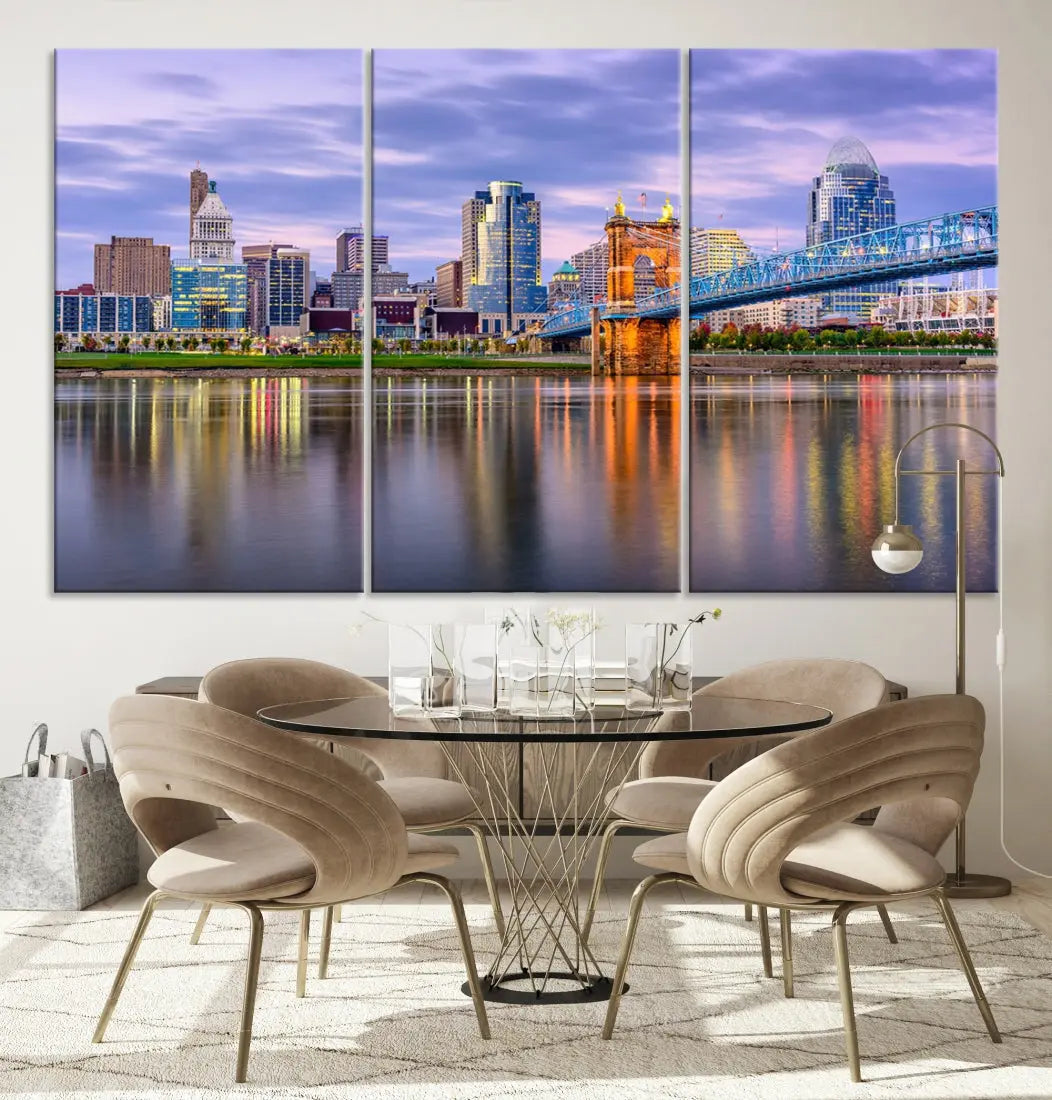 Cincinnati City Lights Sunset Reflections Skyline Cityscape Wall Art Canvas Print