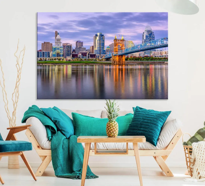 Cincinnati City Lights Sunset Reflections Skyline Cityscape Wall Art Canvas Print