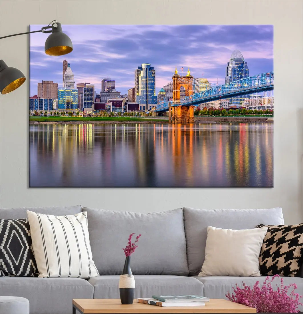 Cincinnati City Lights Sunset Reflections Skyline Cityscape Wall Art Canvas Print