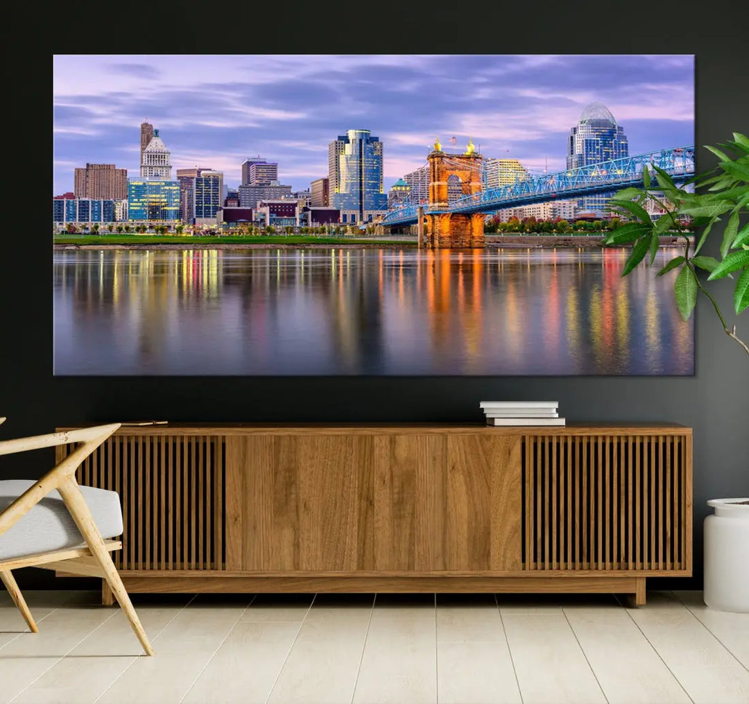 Cincinnati City Lights Sunset Reflections Skyline Cityscape Wall Art Canvas Print