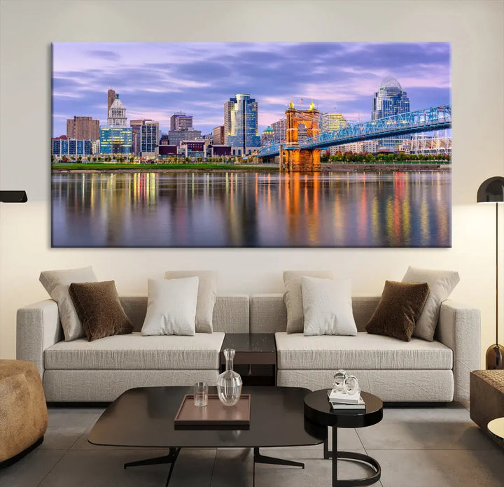 Cincinnati City Lights Sunset Reflections Skyline Cityscape Wall Art Canvas Print