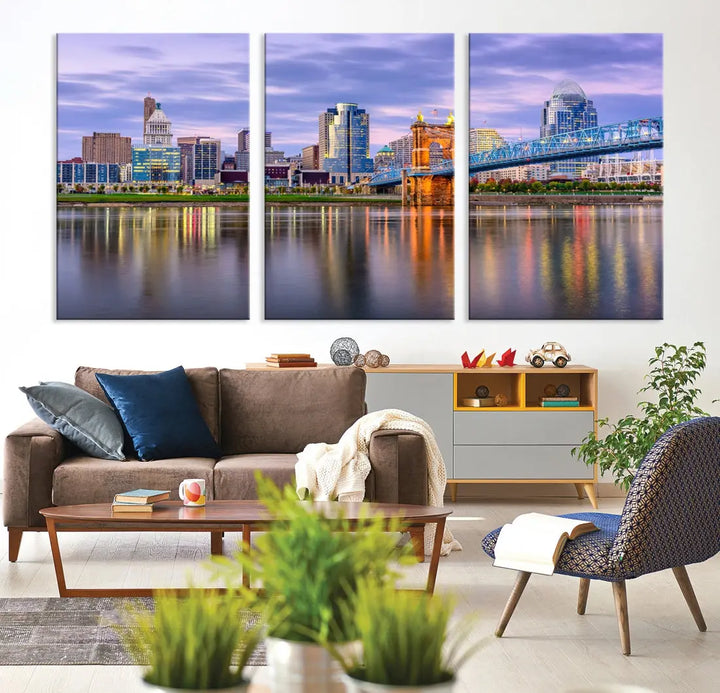 Cincinnati City Lights Sunset Reflections Skyline Cityscape Wall Art Canvas Print