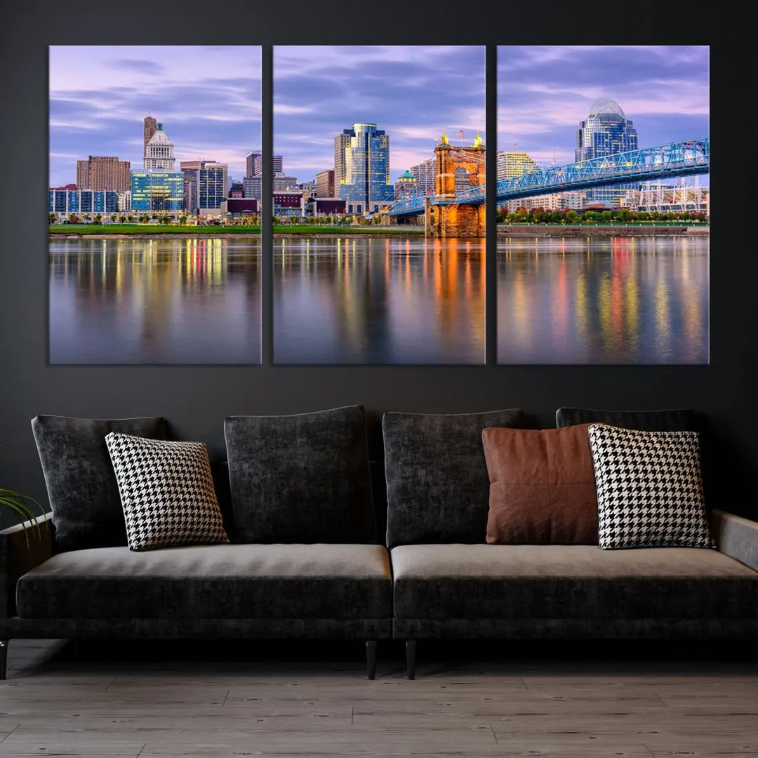 Cincinnati City Lights Sunset Reflections Skyline Cityscape Wall Art Canvas Print