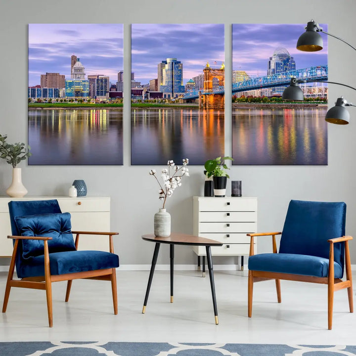 Cincinnati City Lights Sunset Reflections Skyline Cityscape Wall Art Canvas Print