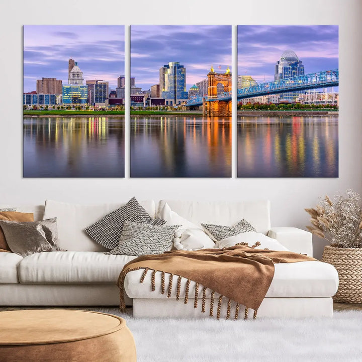 Cincinnati City Lights Sunset Reflections Skyline Cityscape Wall Art Canvas Print