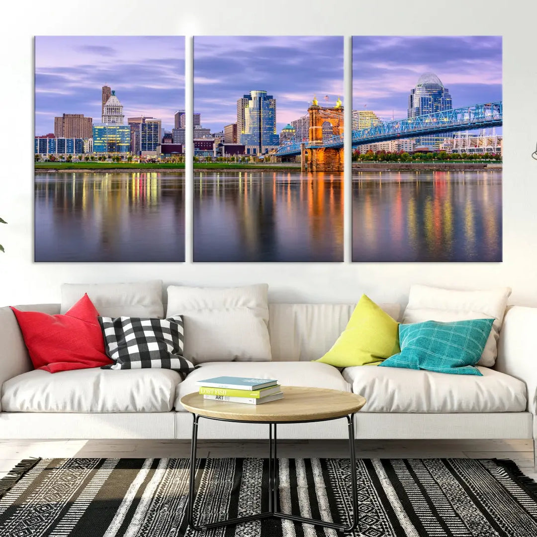 Cincinnati City Lights Sunset Reflections Skyline Cityscape Wall Art Canvas Print