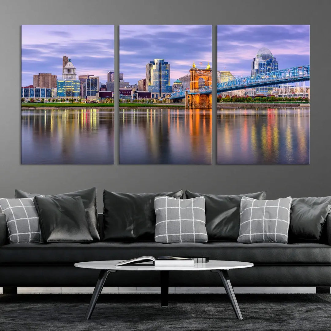 Cincinnati City Lights Sunset Reflections Skyline Cityscape Wall Art Canvas Print