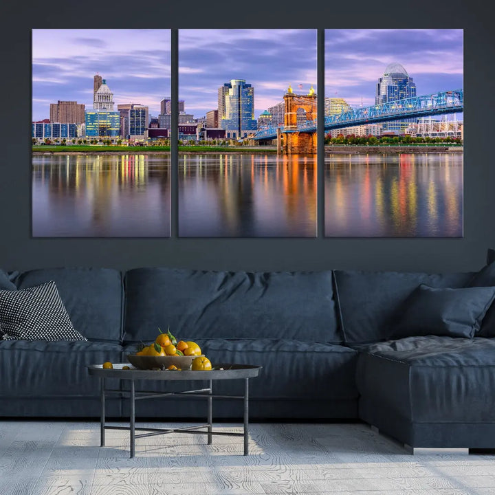 Cincinnati City Lights Sunset Reflections Skyline Cityscape Wall Art Canvas Print