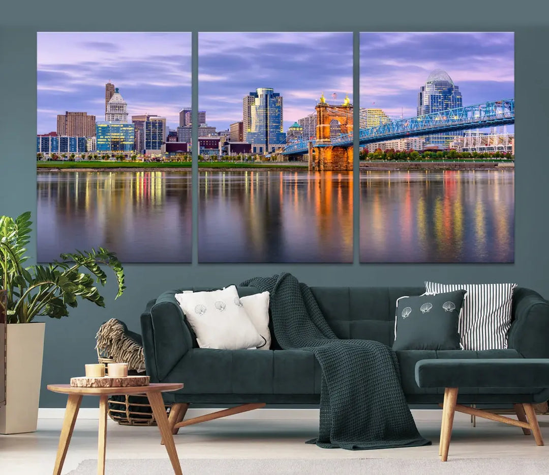 Cincinnati City Lights Sunset Reflections Skyline Cityscape Wall Art Canvas Print