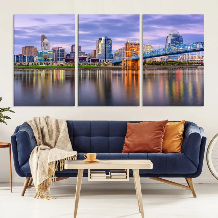 Cincinnati City Lights Sunset Reflections Skyline Cityscape Wall Art Canvas Print