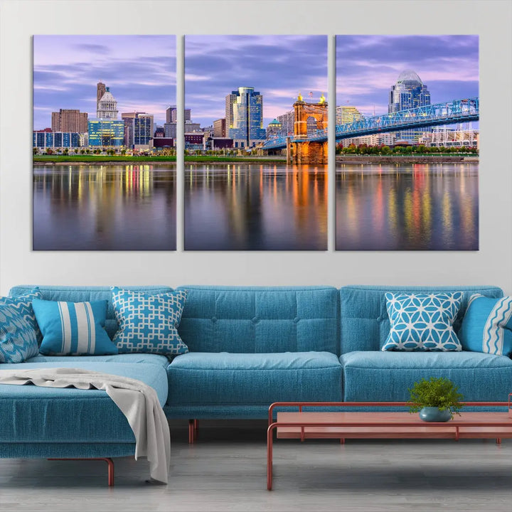 Cincinnati City Lights Sunset Reflections Skyline Cityscape Wall Art Canvas Print