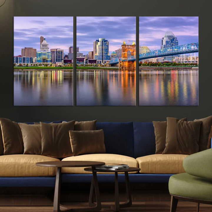 Cincinnati City Lights Sunset Reflections Skyline Cityscape Wall Art Canvas Print