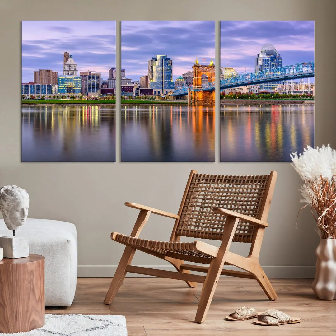 Cincinnati City Lights Sunset Reflections Skyline Cityscape Wall Art Canvas Print