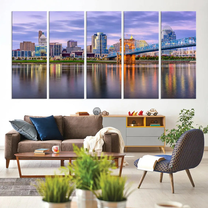 Cincinnati City Lights Sunset Reflections Skyline Cityscape Wall Art Canvas Print