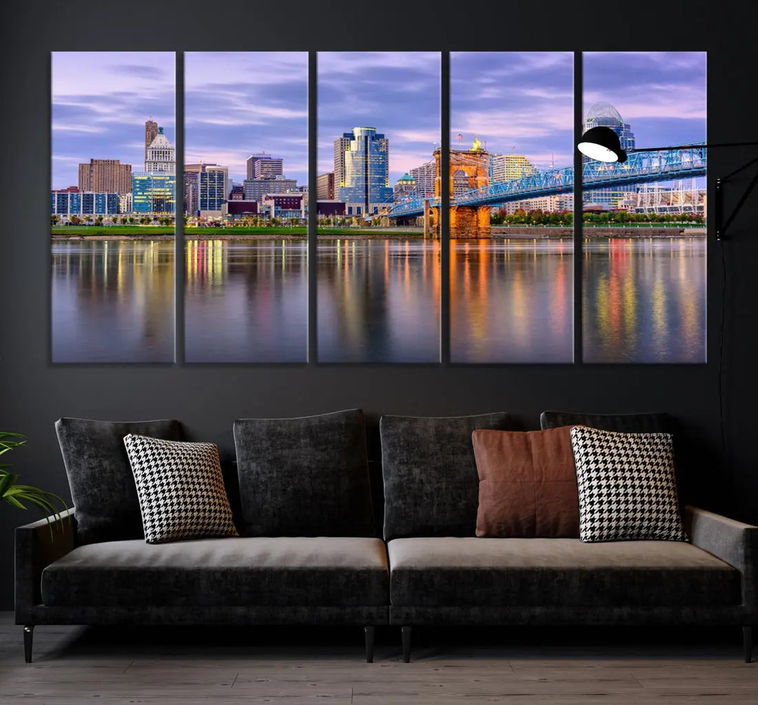 Cincinnati City Lights Sunset Reflections Skyline Cityscape Wall Art Canvas Print