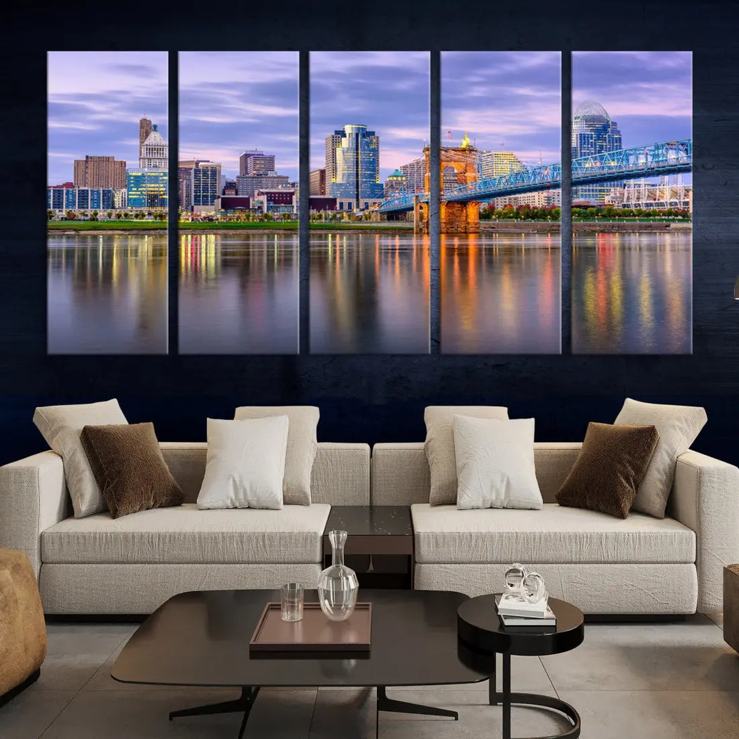 Cincinnati City Lights Sunset Reflections Skyline Cityscape Wall Art Canvas Print