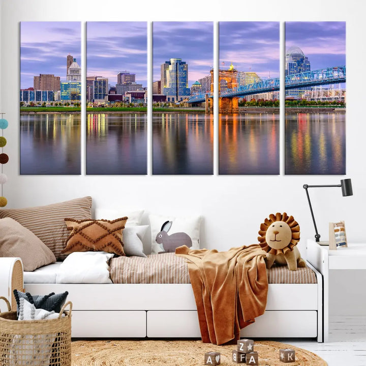 Cincinnati City Lights Sunset Reflections Skyline Cityscape Wall Art Canvas Print