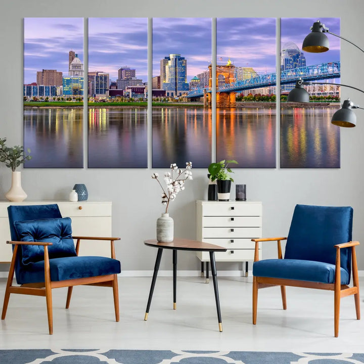 Cincinnati City Lights Sunset Reflections Skyline Cityscape Wall Art Canvas Print