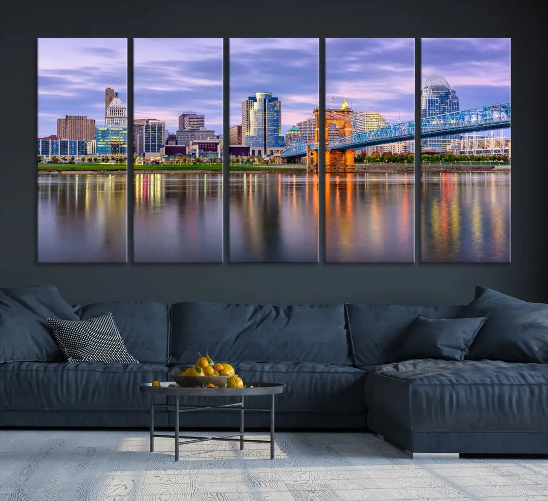 Cincinnati City Lights Sunset Reflections Skyline Cityscape Wall Art Canvas Print