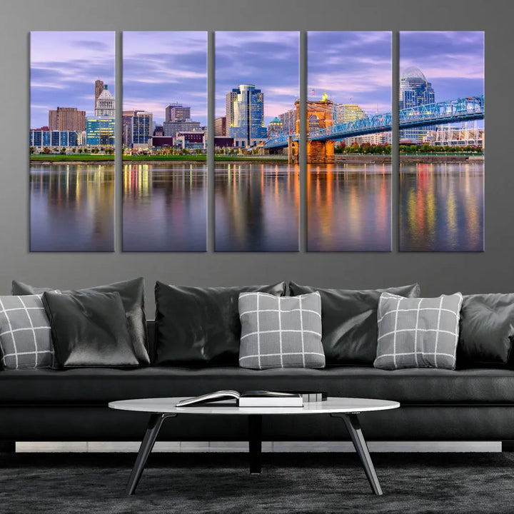 Cincinnati City Lights Sunset Reflections Skyline Cityscape Wall Art Canvas Print