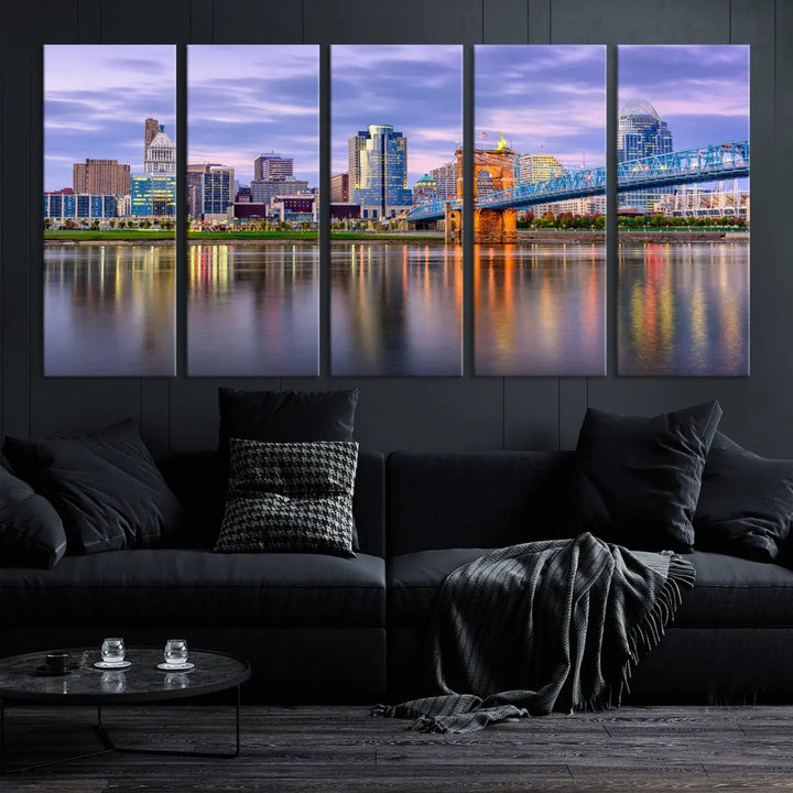 Cincinnati City Lights Sunset Reflections Skyline Cityscape Wall Art Canvas Print