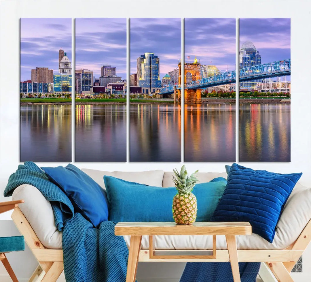 Cincinnati City Lights Sunset Reflections Skyline Cityscape Wall Art Canvas Print