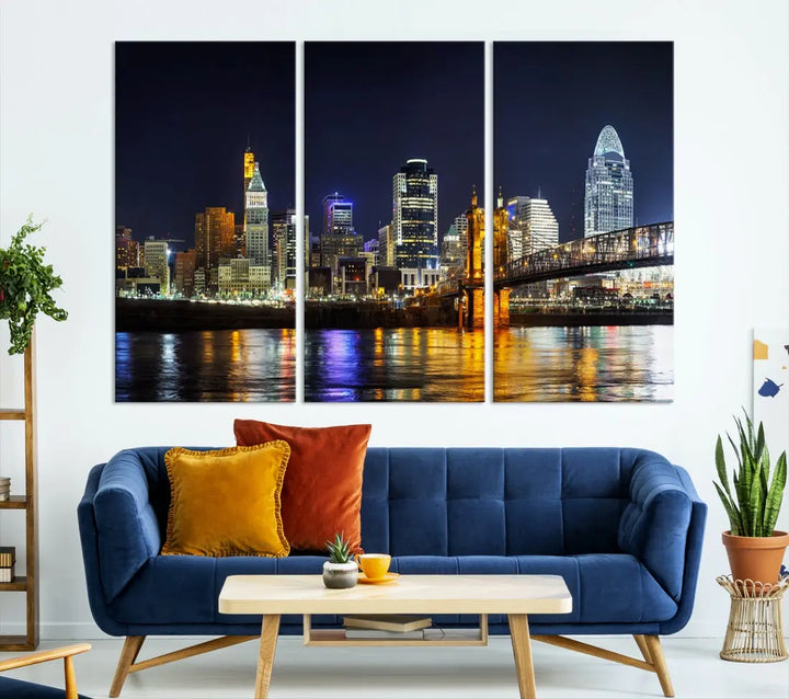 Cincinnati Night Blue Skyline Art Cityscape Canvas Print Living Room Decor