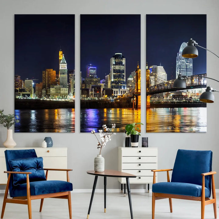 Cincinnati Night Blue Skyline Art Cityscape Canvas Print Living Room Decor