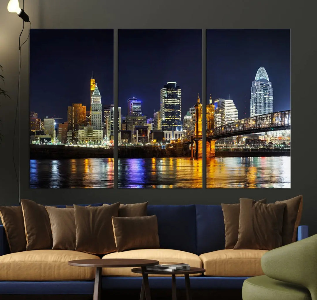 Cincinnati Night Blue Skyline Art Cityscape Canvas Print Living Room Decor