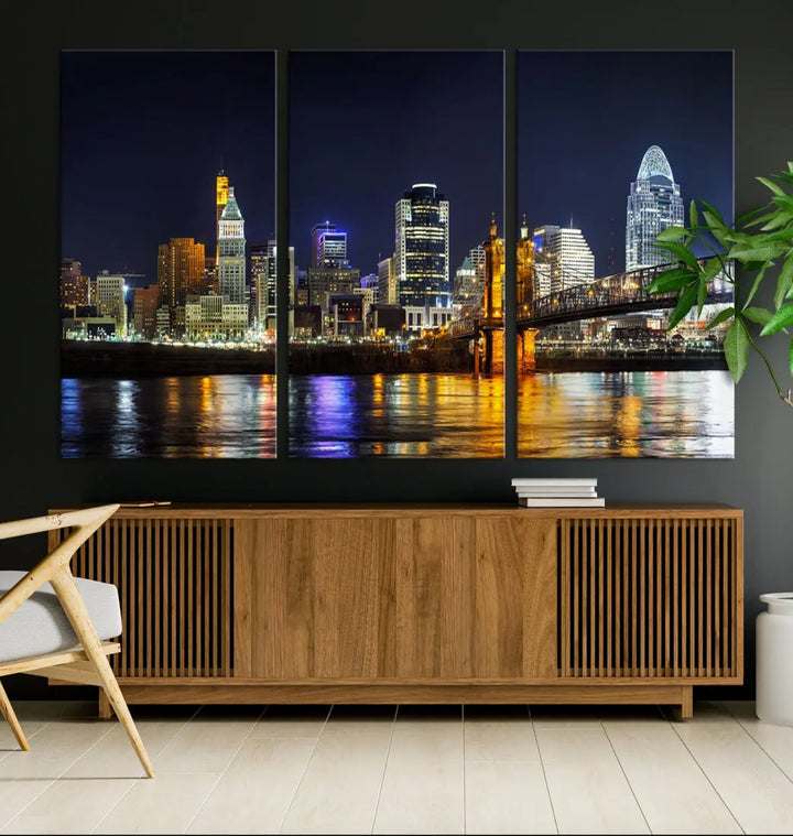 Cincinnati Night Blue Skyline Art Cityscape Canvas Print Living Room Decor