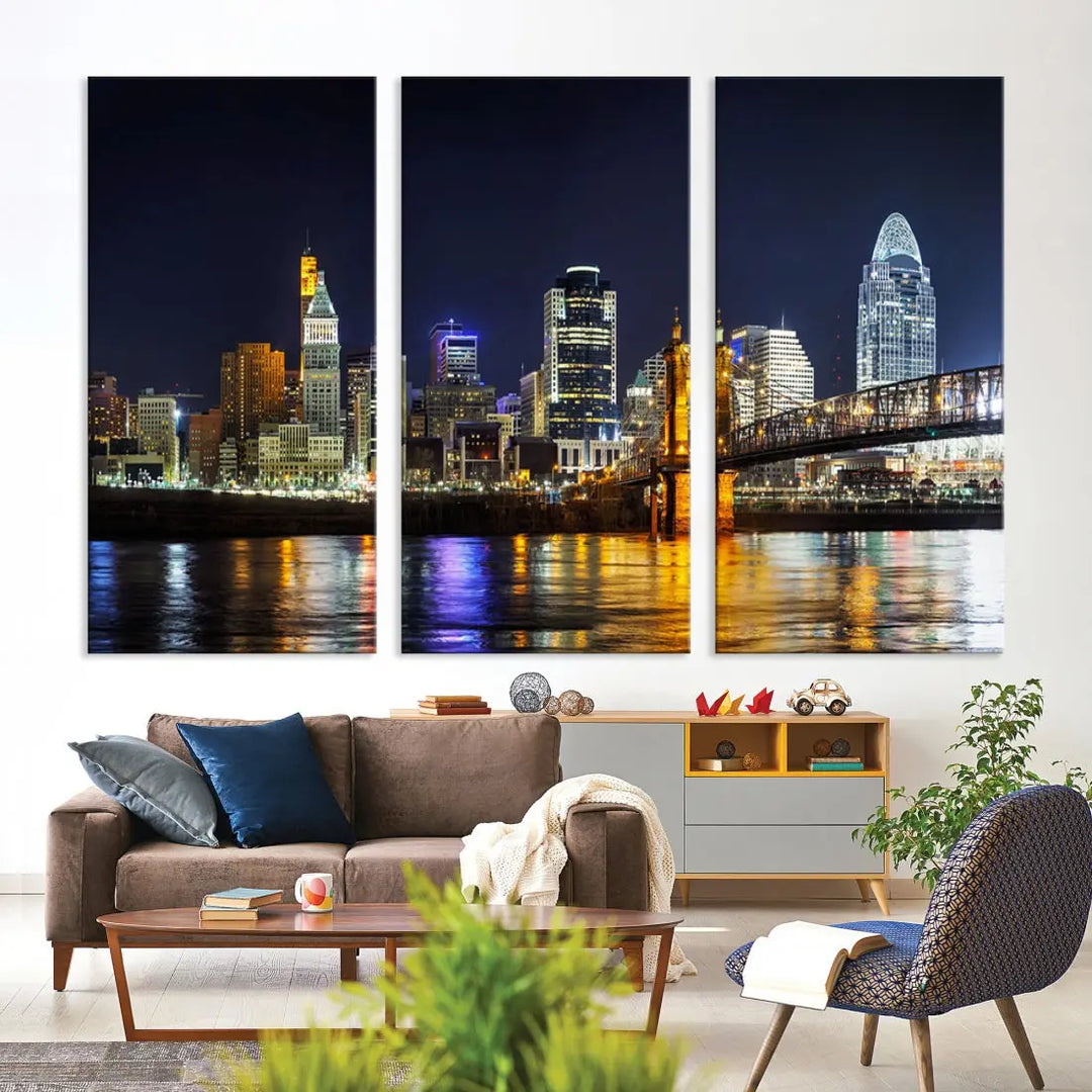 Cincinnati Night Blue Skyline Art Cityscape Canvas Print Living Room Decor