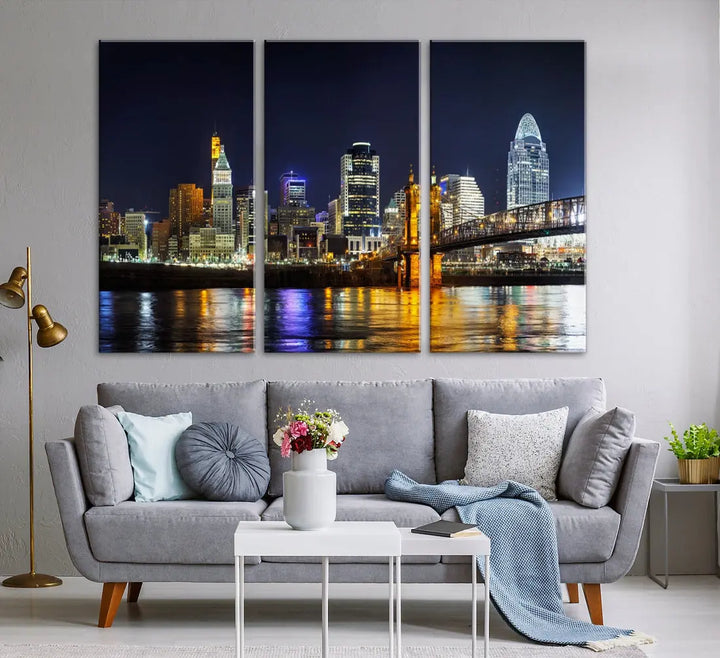 Cincinnati Night Blue Skyline Art Cityscape Canvas Print Living Room Decor