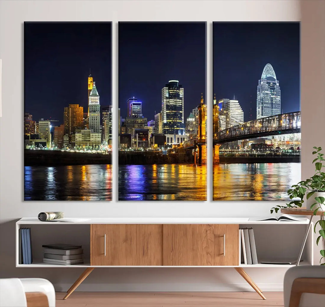 Cincinnati Night Blue Skyline Art Cityscape Canvas Print Living Room Decor