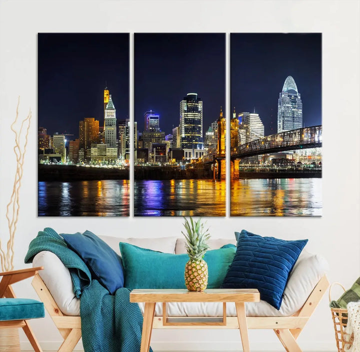 Cincinnati Night Blue Skyline Art Cityscape Canvas Print Living Room Decor