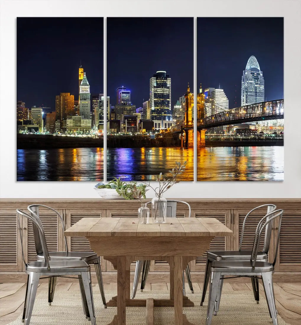 Cincinnati Night Blue Skyline Art Cityscape Canvas Print Living Room Decor